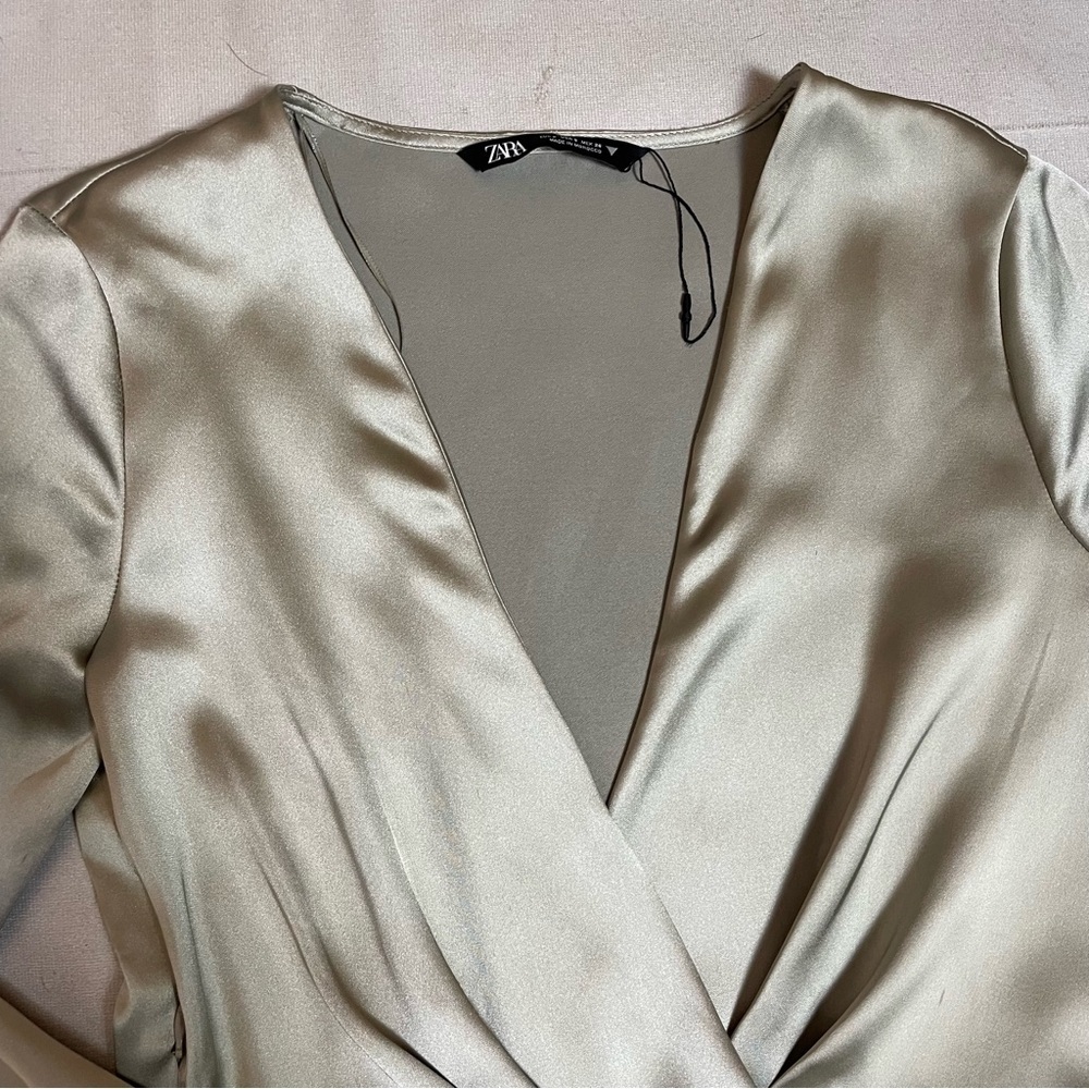 New Zara Wrap Front Satin Long Sleeve Grey Dress Size S - Picture 10 of 12
